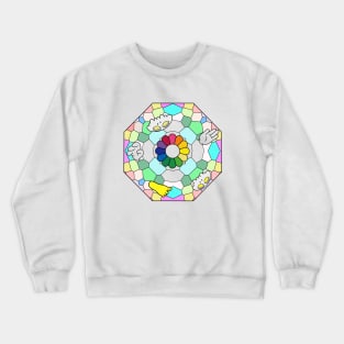 Colorful glass panel drawing with sunflower and Slluks character faces illustration Crewneck Sweatshirt